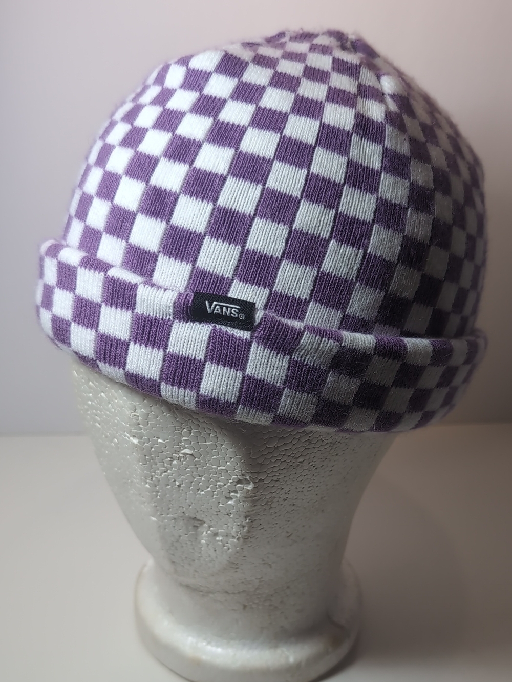 Vans Lavender and White Checker Knit Beanie Cap